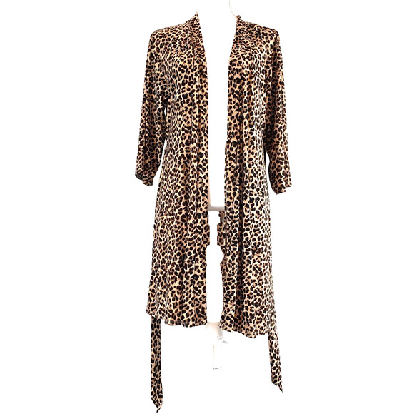 Rene Rofe SIZE L Brown Cheetah Animal Print 3/4 Sleeve Tie Sleepwear Short Robe - Picture 2 of 11